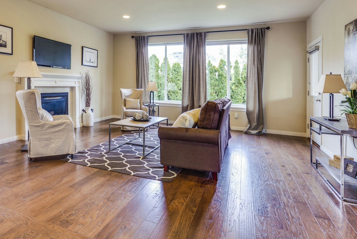 Living room with floor-length curtains framing a glass door to the garden
